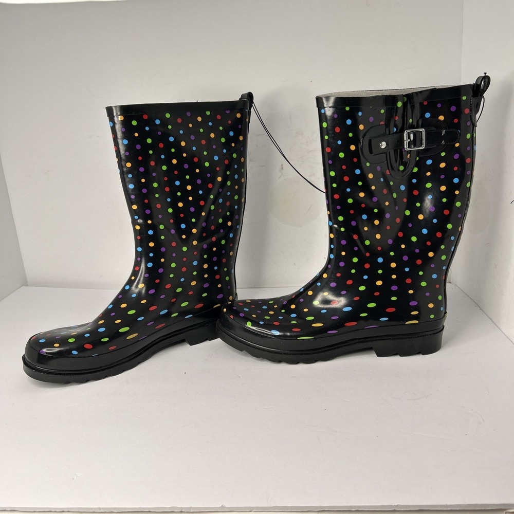 Western Chief Women 11 M Rain Boot Black Ditsy Polka Dot Pull On Shoe Waterproof